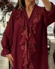 Women's V-Neck Chiffon Sequin Long Sleeve Shirt