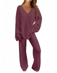 Women's V-Neck Long Sleeve Sweater & Pants Set