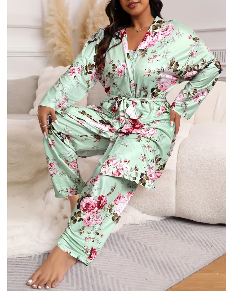 Comfy 3-Piece Pajama Set – Robe, Camisole &amp; Long Pants