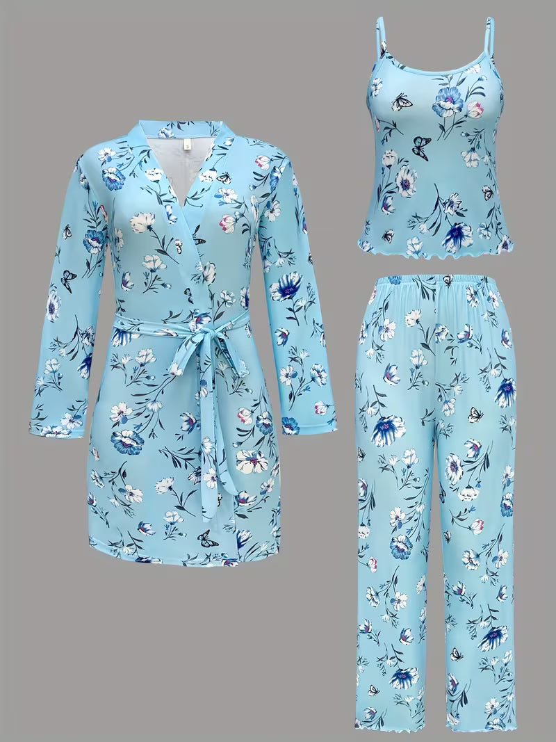 Comfy 3-Piece Pajama Set – Robe, Camisole &amp; Long Pants