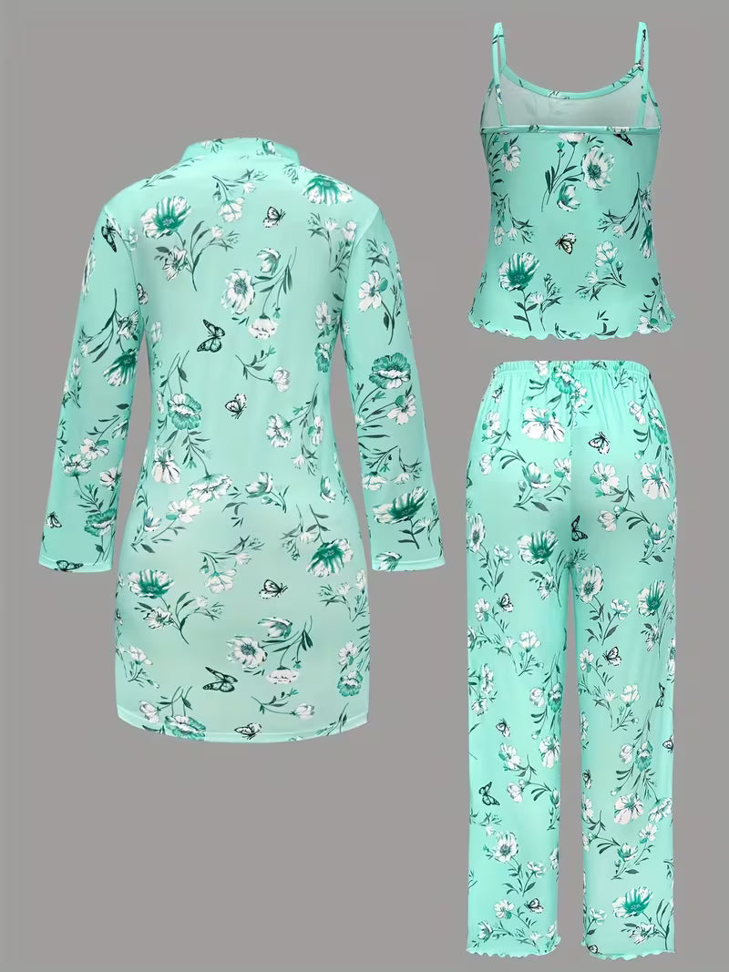 Comfy 3-Piece Pajama Set – Robe, Camisole &amp; Long Pants