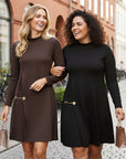 Elegant Long Sleeve Pleated Panel Dress