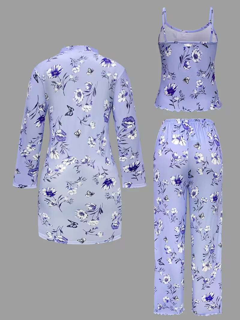 Comfy 3-Piece Pajama Set – Robe, Camisole &amp; Long Pants