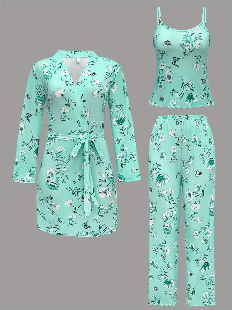 Comfy 3-Piece Pajama Set – Robe, Camisole &amp; Long Pants