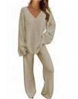 Women's V-Neck Long Sleeve Sweater & Pants Set