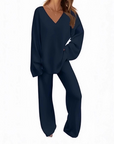 Women's V-Neck Long Sleeve Sweater & Pants Set