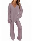 Women's V-Neck Long Sleeve Sweater & Pants Set