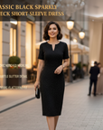 Classic Black Sparkly V-Neck Short Sleeve Dress